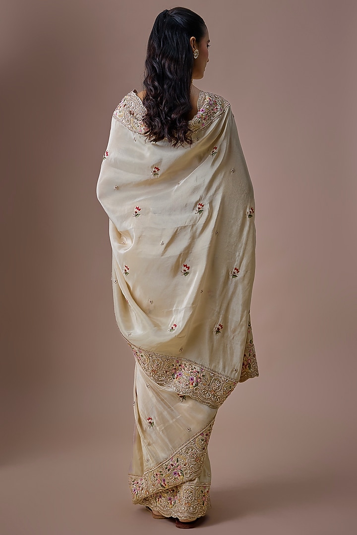 Ivory Tissue Embroidered Bridal Saree Set by Kalighata at Pernia's Pop Up Shop