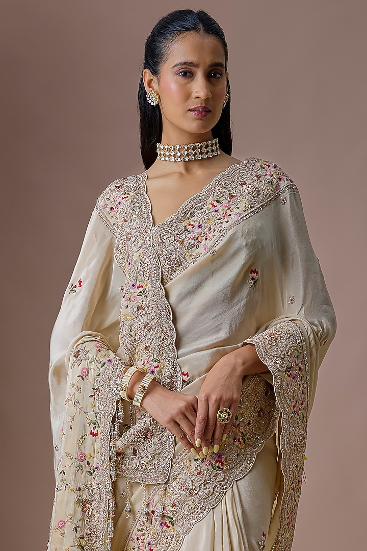 Ivory Tissue Embroidered Bridal Saree Set by Kalighata at Pernia's Pop Up Shop