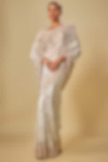 Ivory Tissue Hand & Machine Embroidered Bridal Saree Set by Kalighata at Pernia's Pop Up Shop