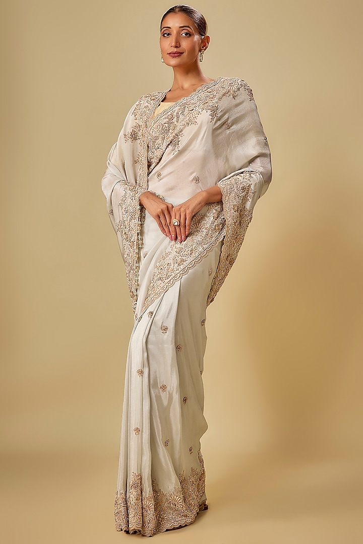 Ivory Tissue Hand & Machine Embroidered Bridal Saree Set by Kalighata at Pernia's Pop Up Shop