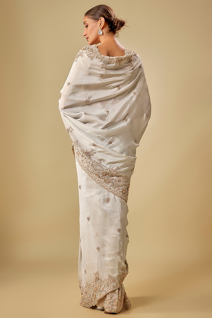 Ivory Tissue Hand & Machine Embroidered Bridal Saree Set by Kalighata at Pernia's Pop Up Shop