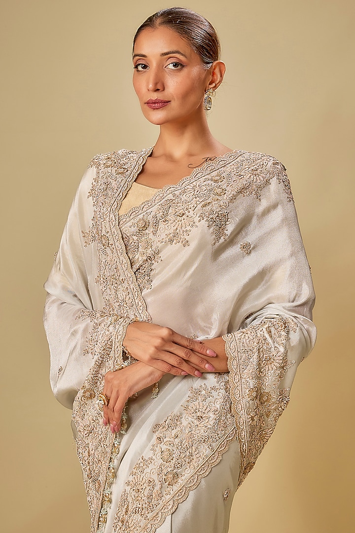 Ivory Tissue Hand & Machine Embroidered Bridal Saree Set by Kalighata at Pernia's Pop Up Shop