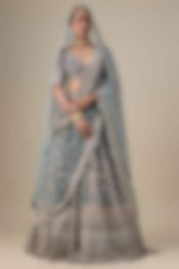 Teal Blue Velvet Hand Embroidered Bridal Lehenga Set by Kalighata at Pernia's Pop Up Shop