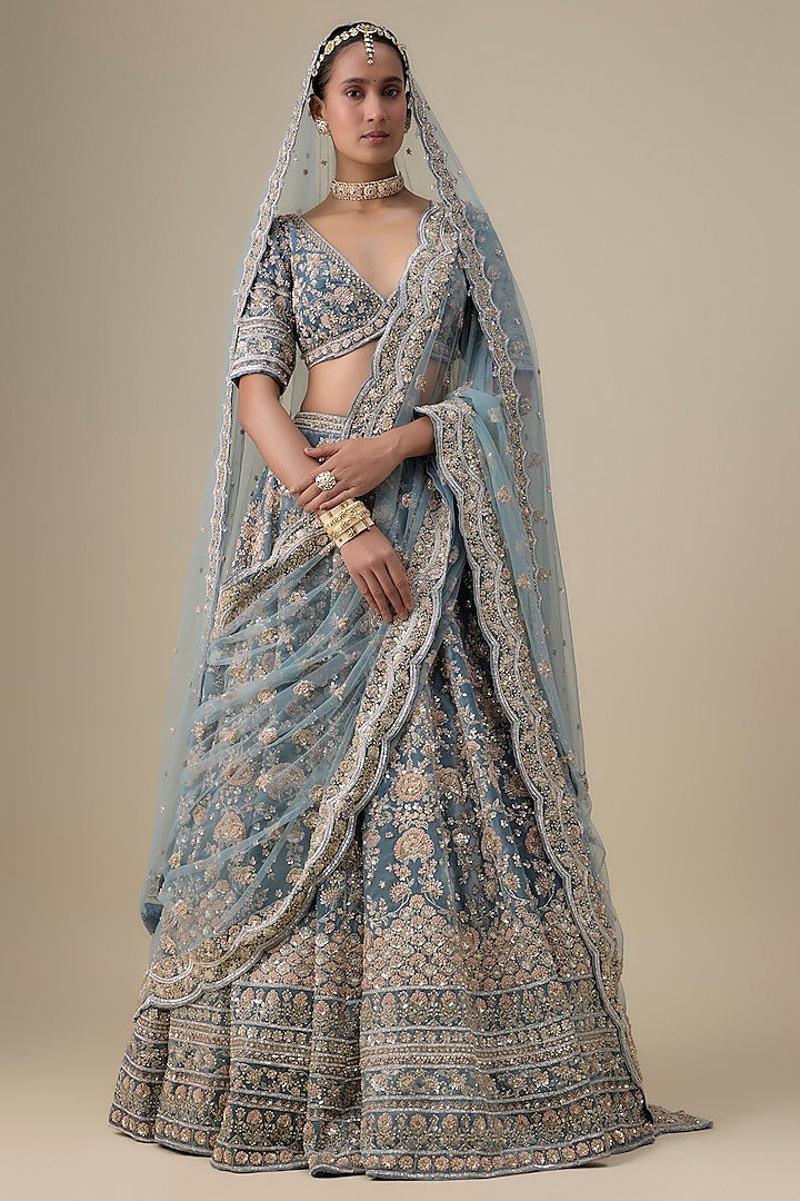 Teal Blue Velvet Hand Embroidered Bridal Lehenga Set by Kalighata at Pernia's Pop Up Shop