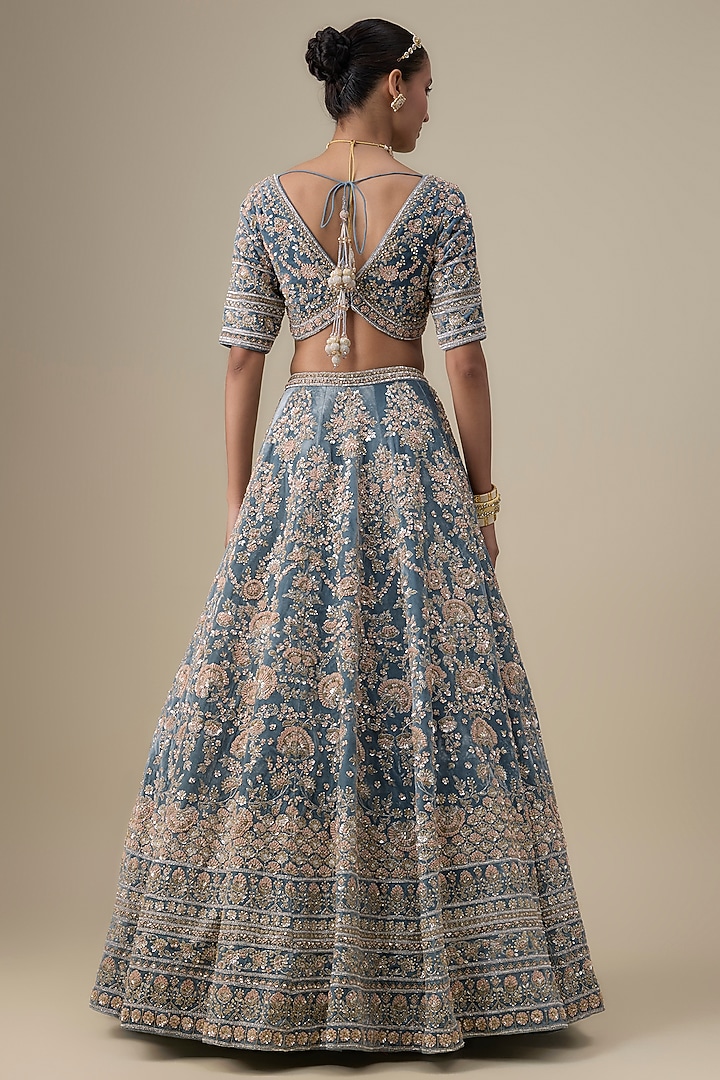 Teal Blue Velvet Hand Embroidered Bridal Lehenga Set by Kalighata at Pernia's Pop Up Shop