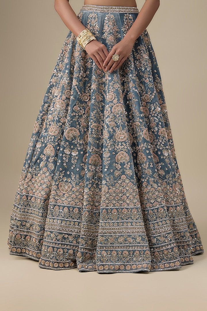 Teal Blue Velvet Hand Embroidered Bridal Lehenga Set by Kalighata at Pernia's Pop Up Shop