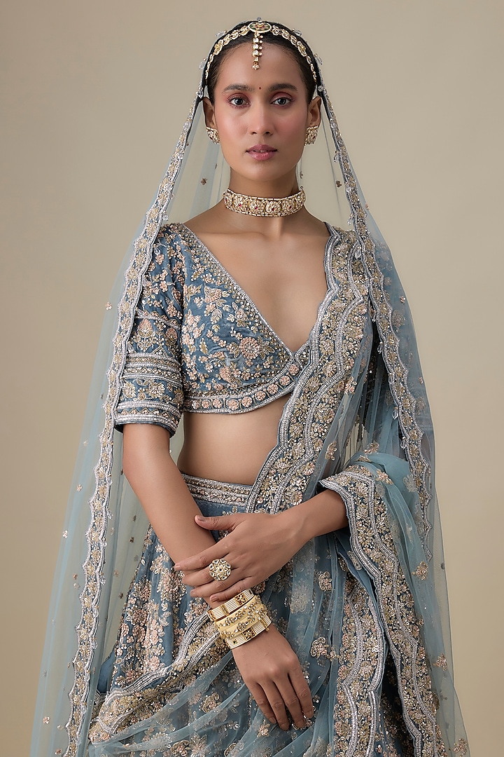 Teal Blue Velvet Hand Embroidered Bridal Lehenga Set by Kalighata at Pernia's Pop Up Shop