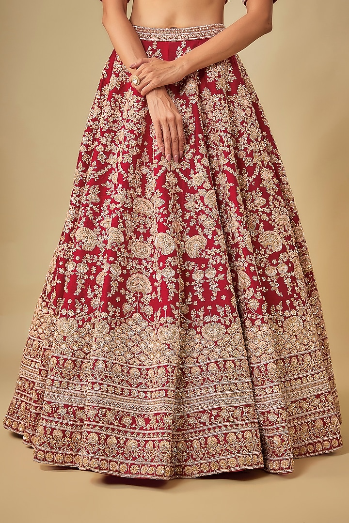 Red Raw Silk Hand Embroidered Bridal Lehenga Set by Kalighata at Pernia's Pop Up Shop
