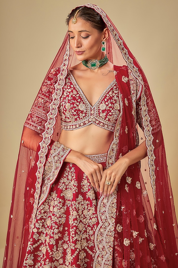 Red Raw Silk Hand Embroidered Bridal Lehenga Set by Kalighata at Pernia's Pop Up Shop