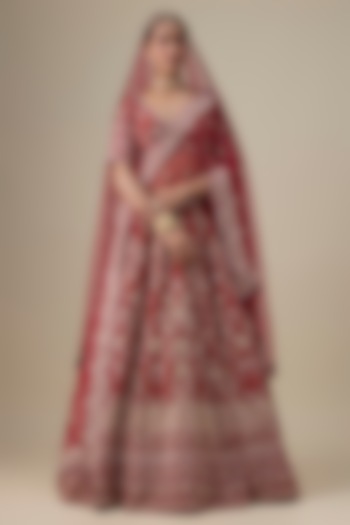 Maroon Velvet Hand Embroidered Bridal Lehenga Set by Kalighata at Pernia's Pop Up Shop