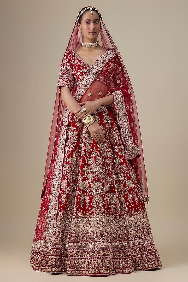 Maroon Velvet Hand Embroidered Bridal Lehenga Set by Kalighata at Pernia's Pop Up Shop