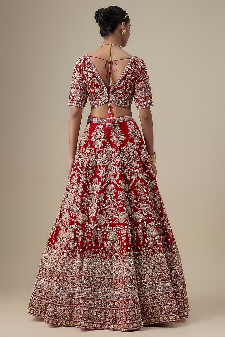 Maroon Velvet Hand Embroidered Bridal Lehenga Set by Kalighata at Pernia's Pop Up Shop