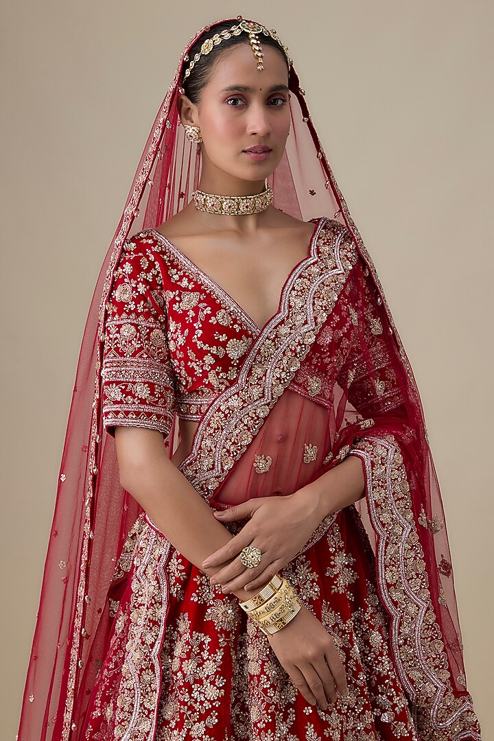 Maroon Velvet Hand Embroidered Bridal Lehenga Set by Kalighata at Pernia's Pop Up Shop