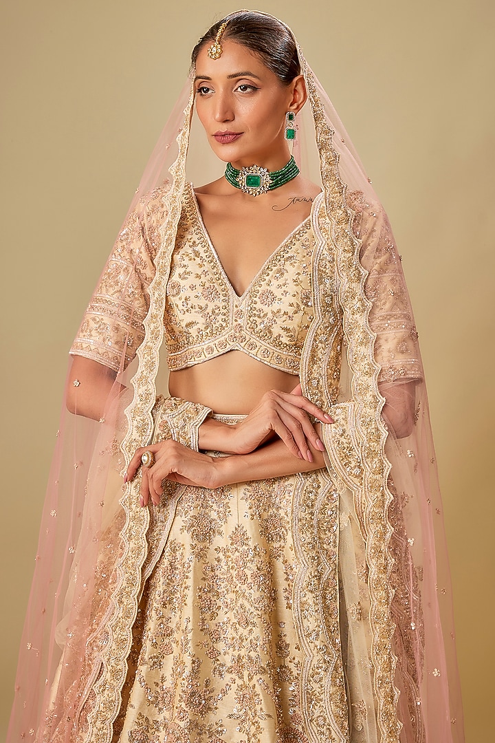 Ivory Raw Silk Hand Embroidered Bridal Lehenga Set by Kalighata at Pernia's Pop Up Shop