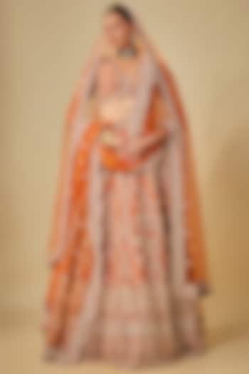 Rust Raw Silk Hand & Machine Embroidered Bridal Lehenga Set by Kalighata at Pernia's Pop Up Shop