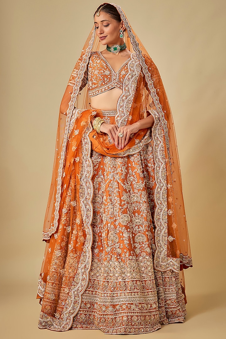 Rust Raw Silk Hand & Machine Embroidered Bridal Lehenga Set by Kalighata at Pernia's Pop Up Shop