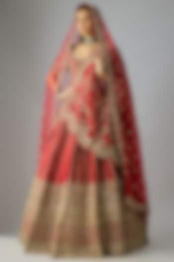 Red Raw Silk Embroidered Bridal Lehenga Set by Kalighata at Pernia's Pop Up Shop