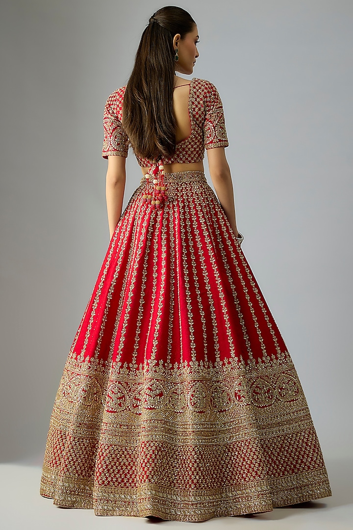 Red Raw Silk Embroidered Bridal Lehenga Set by Kalighata at Pernia's Pop Up Shop
