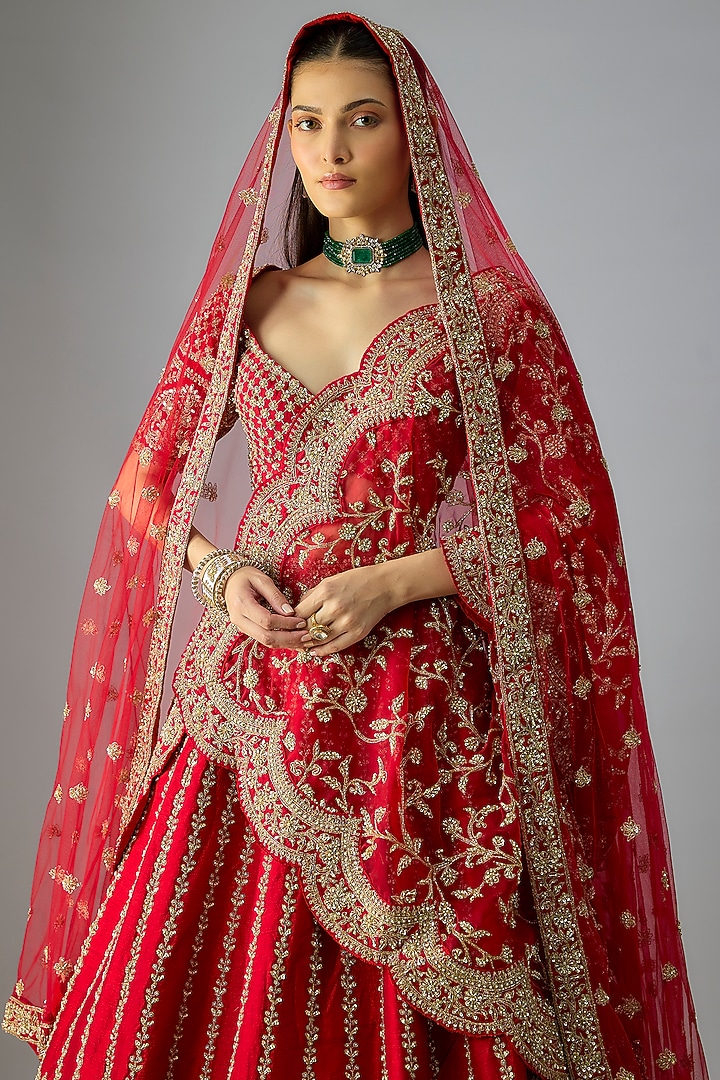 Red Raw Silk Embroidered Bridal Lehenga Set by Kalighata at Pernia's Pop Up Shop