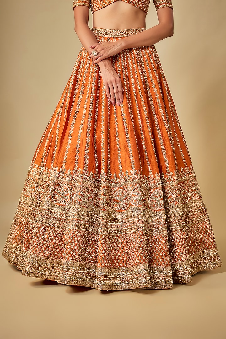 Rust Raw Silk Hand & Machine Embroidered Bridal Lehenga Set by Kalighata at Pernia's Pop Up Shop