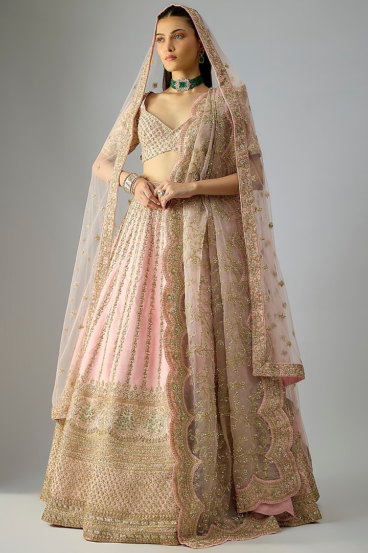 Pink Raw Silk Embroidered Bridal Lehenga Set by Kalighata at Pernia's Pop Up Shop