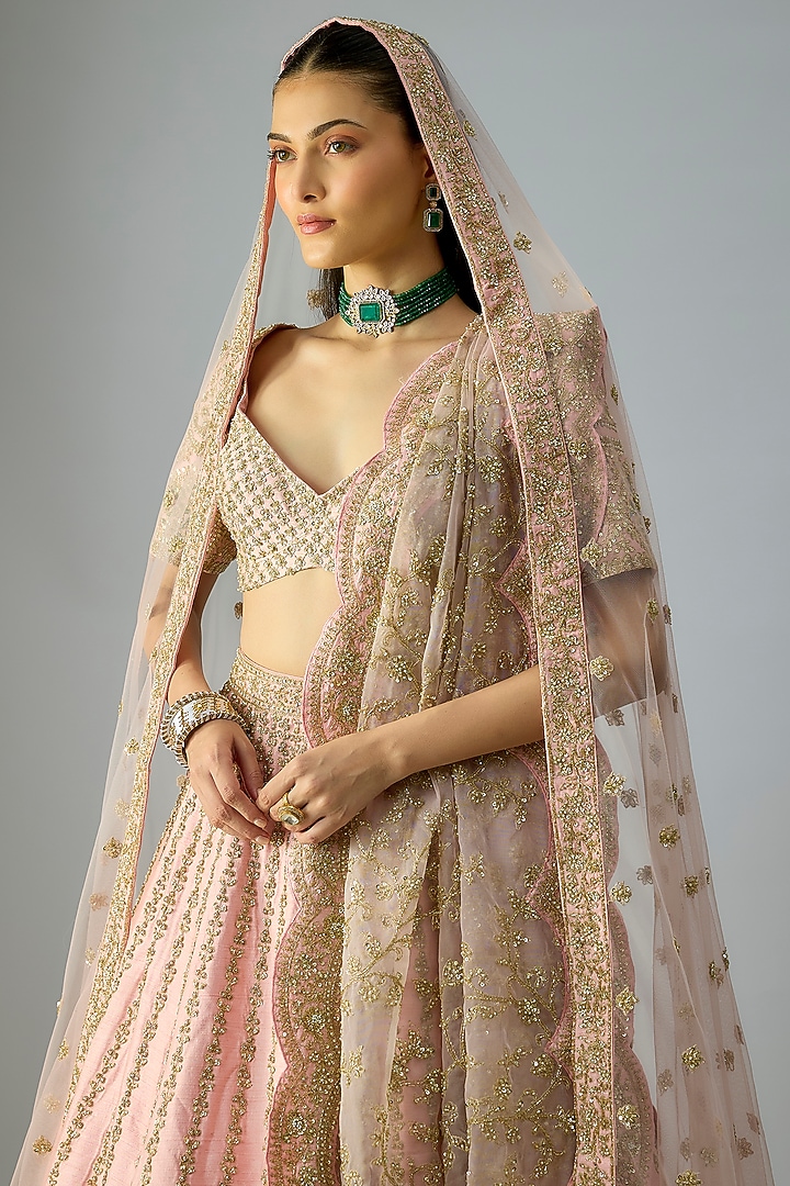 Pink Raw Silk Embroidered Bridal Lehenga Set by Kalighata at Pernia's Pop Up Shop