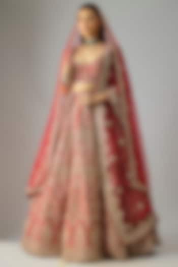 Red Raw Silk Embroidered Bridal Lehenga Set by Kalighata at Pernia's Pop Up Shop