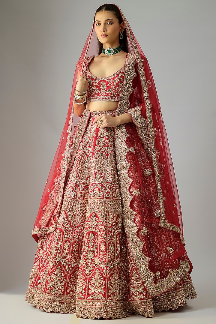 Red Raw Silk Embroidered Bridal Lehenga Set by Kalighata at Pernia's Pop Up Shop