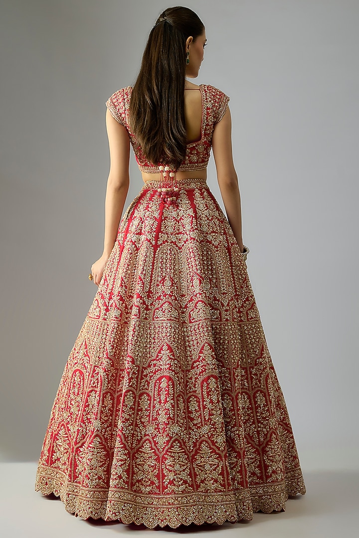 Red Raw Silk Embroidered Bridal Lehenga Set by Kalighata at Pernia's Pop Up Shop