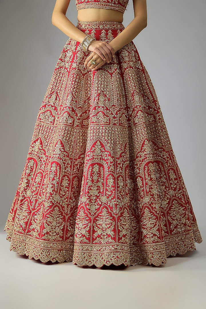 Red Raw Silk Embroidered Bridal Lehenga Set by Kalighata at Pernia's Pop Up Shop