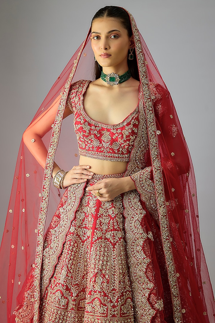 Red Raw Silk Embroidered Bridal Lehenga Set by Kalighata at Pernia's Pop Up Shop