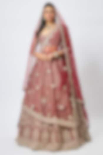 Maroon Raw Silk Cutdana Hand & Machine Embroidered Bridal Lehenga Set by Kalighata at Pernia's Pop Up Shop