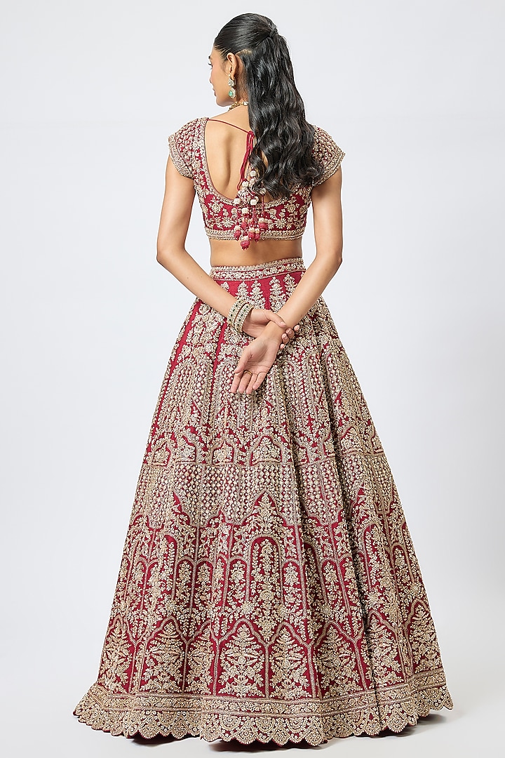 Maroon Raw Silk Cutdana Hand & Machine Embroidered Bridal Lehenga Set by Kalighata at Pernia's Pop Up Shop