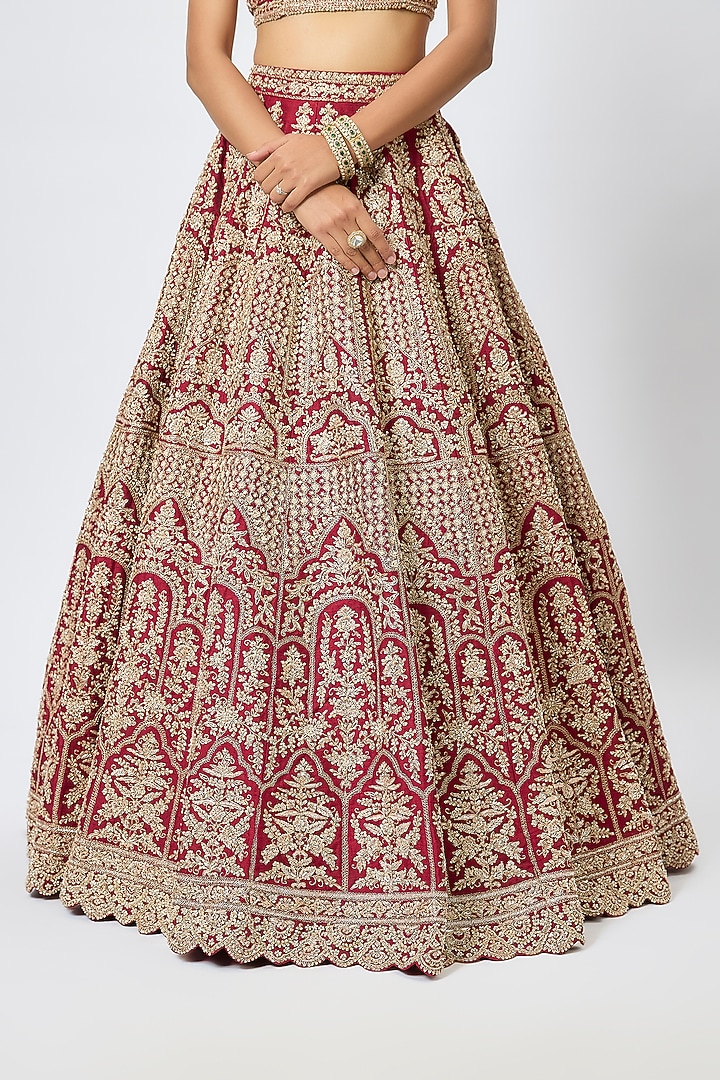 Maroon Raw Silk Cutdana Hand & Machine Embroidered Bridal Lehenga Set by Kalighata at Pernia's Pop Up Shop