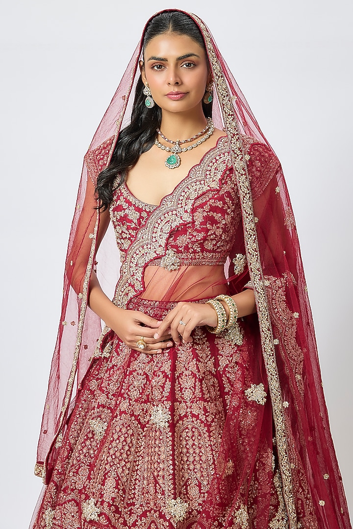 Maroon Raw Silk Cutdana Hand & Machine Embroidered Bridal Lehenga Set by Kalighata at Pernia's Pop Up Shop