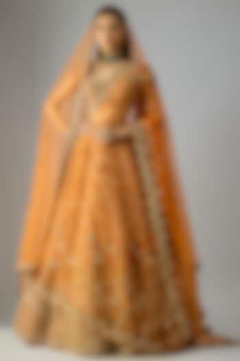 Rust Raw Silk Embroidered Bridal Lehenga Set by Kalighata at Pernia's Pop Up Shop