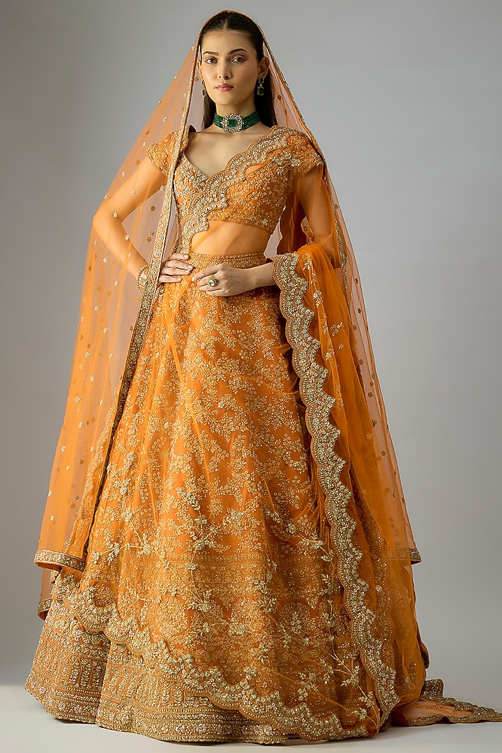 Rust Raw Silk Embroidered Bridal Lehenga Set by Kalighata at Pernia's Pop Up Shop
