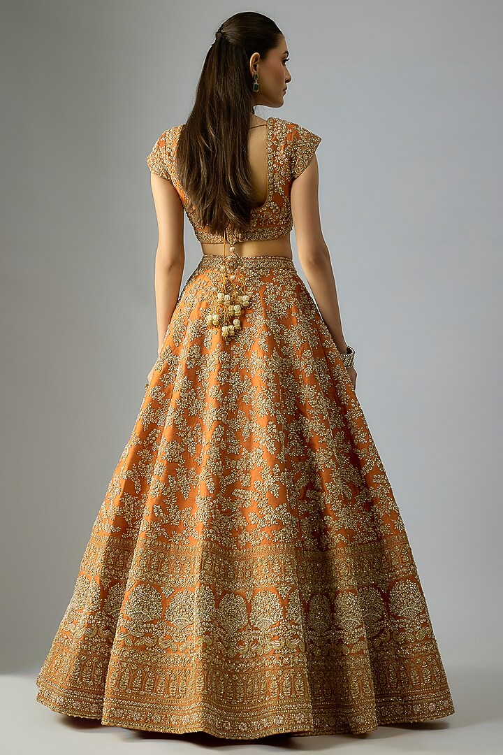 Rust Raw Silk Embroidered Bridal Lehenga Set by Kalighata at Pernia's Pop Up Shop