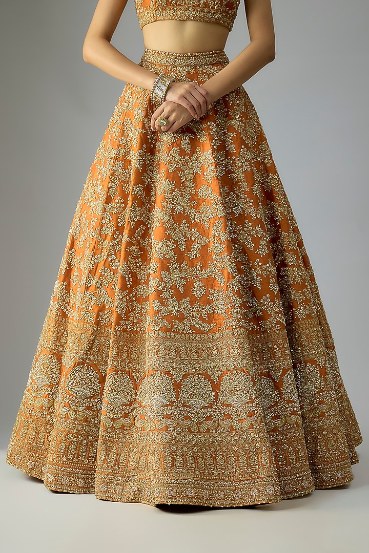 Rust Raw Silk Embroidered Bridal Lehenga Set by Kalighata at Pernia's Pop Up Shop