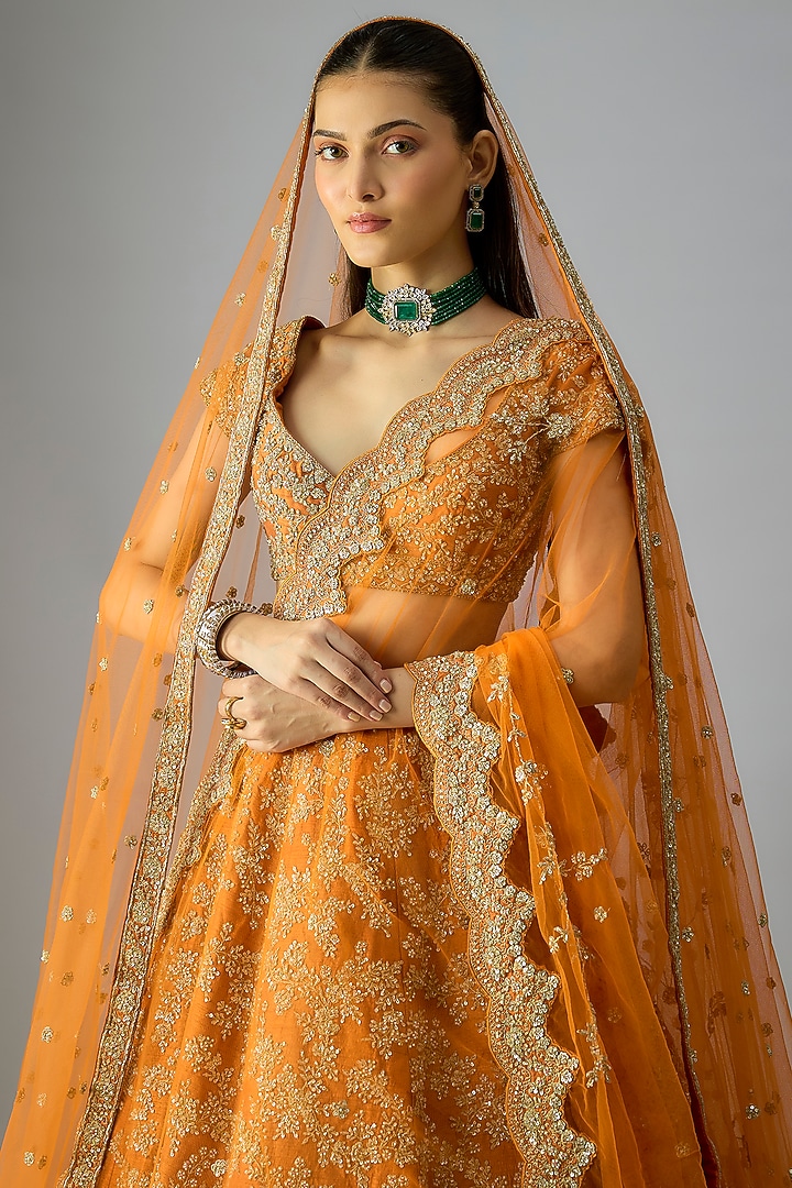 Rust Raw Silk Embroidered Bridal Lehenga Set by Kalighata at Pernia's Pop Up Shop