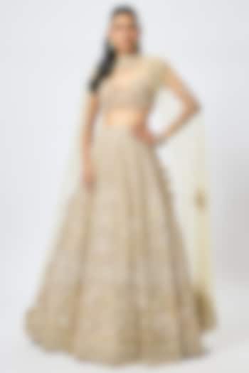 Gold Organza 3D Cutdana Embroidered Bridal Lehenga Set by Kalighata at Pernia's Pop Up Shop