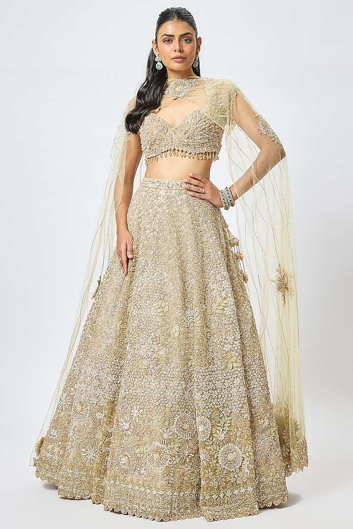 Gold Organza 3D Cutdana Embroidered Bridal Lehenga Set by Kalighata at Pernia's Pop Up Shop