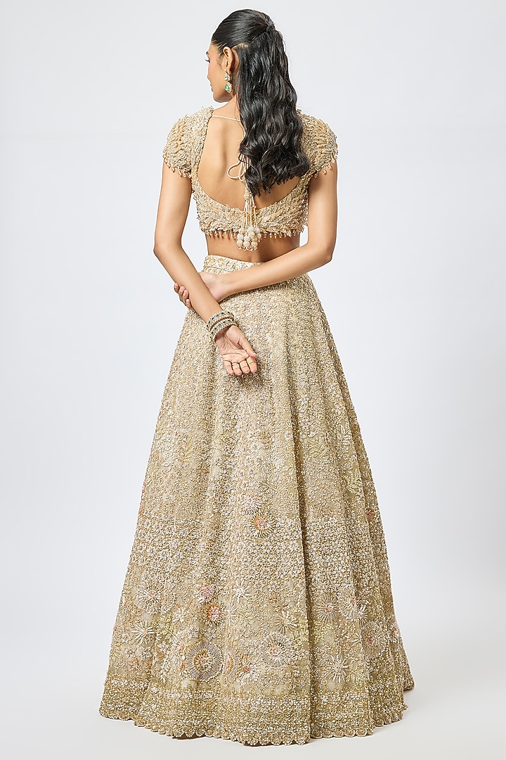 Gold Organza 3D Cutdana Embroidered Bridal Lehenga Set by Kalighata at Pernia's Pop Up Shop