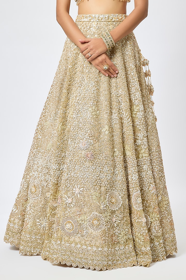 Gold Organza 3D Cutdana Embroidered Bridal Lehenga Set by Kalighata at Pernia's Pop Up Shop
