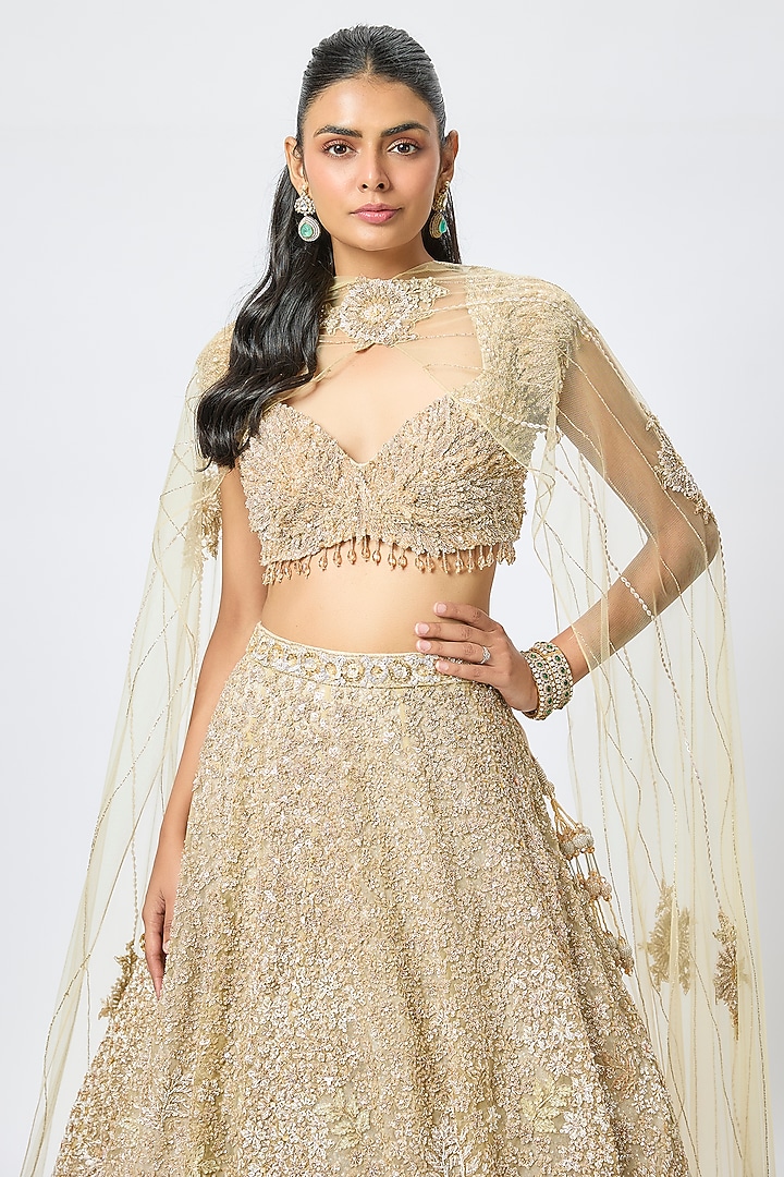 Gold Organza 3D Cutdana Embroidered Bridal Lehenga Set by Kalighata at Pernia's Pop Up Shop