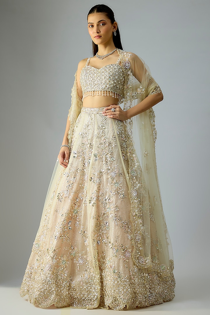 Gold Organza Embroidered Bridal Lehenga Set by Kalighata at Pernia's Pop Up Shop