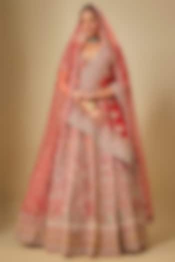 Red Raw Silk Hand Embroidered Bridal Lehenga Set by Kalighata at Pernia's Pop Up Shop