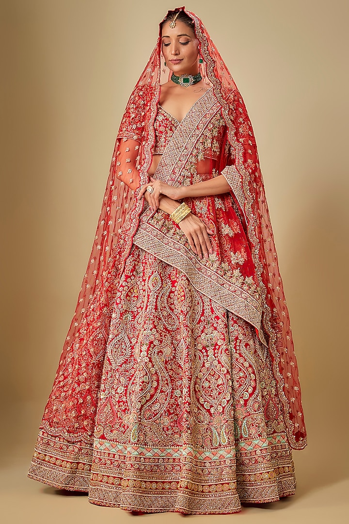 Red Raw Silk Hand Embroidered Bridal Lehenga Set by Kalighata at Pernia's Pop Up Shop