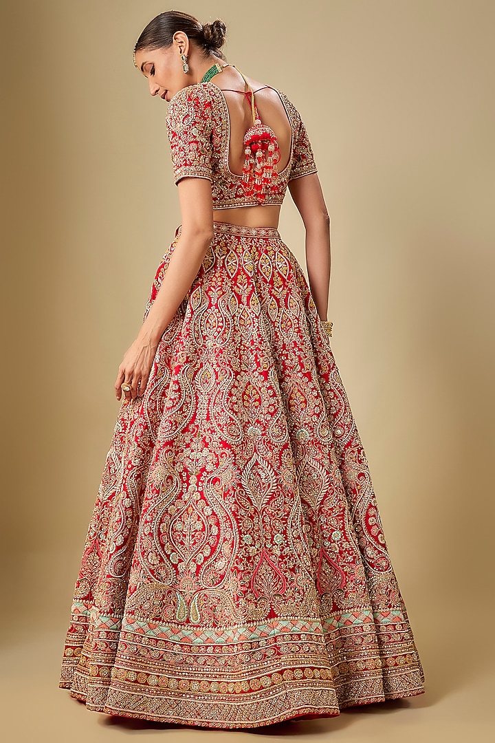 Red Raw Silk Hand Embroidered Bridal Lehenga Set by Kalighata at Pernia's Pop Up Shop