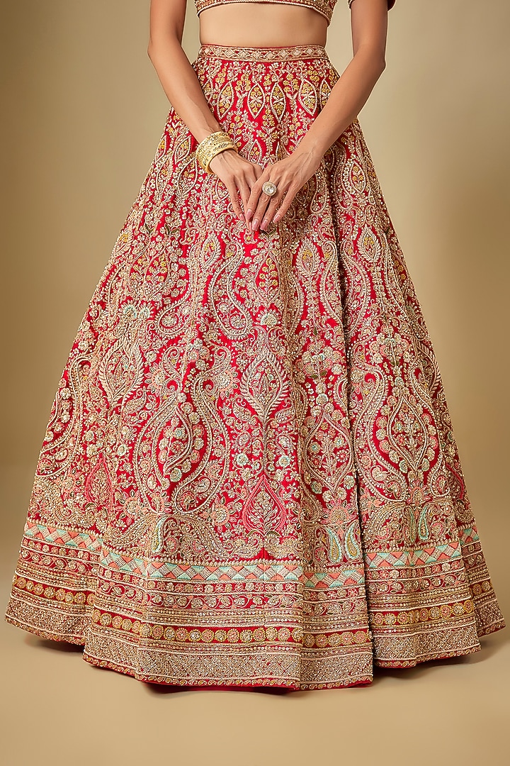 Red Raw Silk Hand Embroidered Bridal Lehenga Set by Kalighata at Pernia's Pop Up Shop